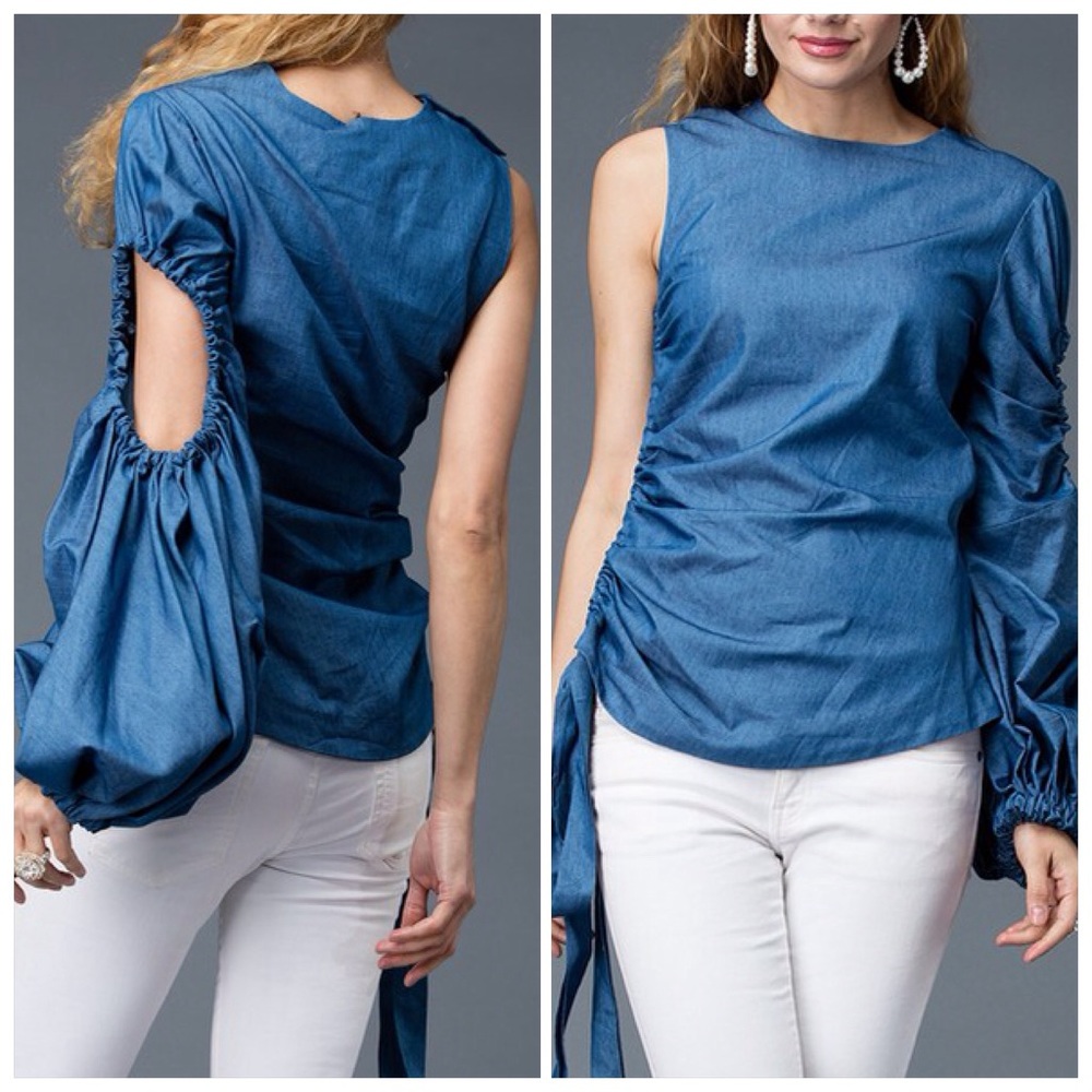 Elegant Blue Ruched Sleeve Women's Tunic